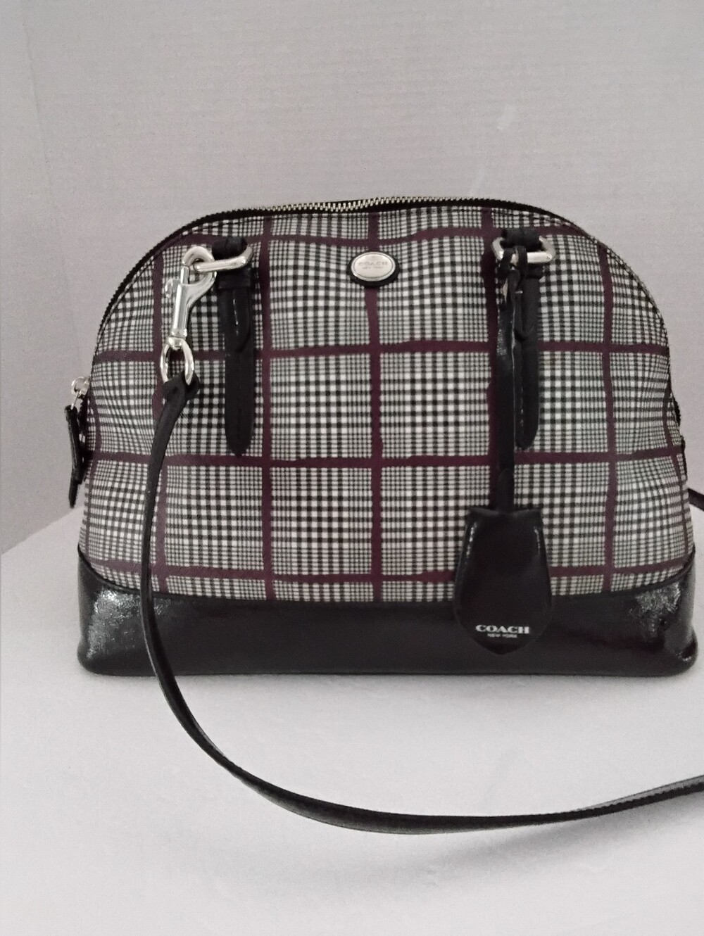 COACH Peyton Glen Plaid Dome Crossbody Sachel in Black and Burgundy